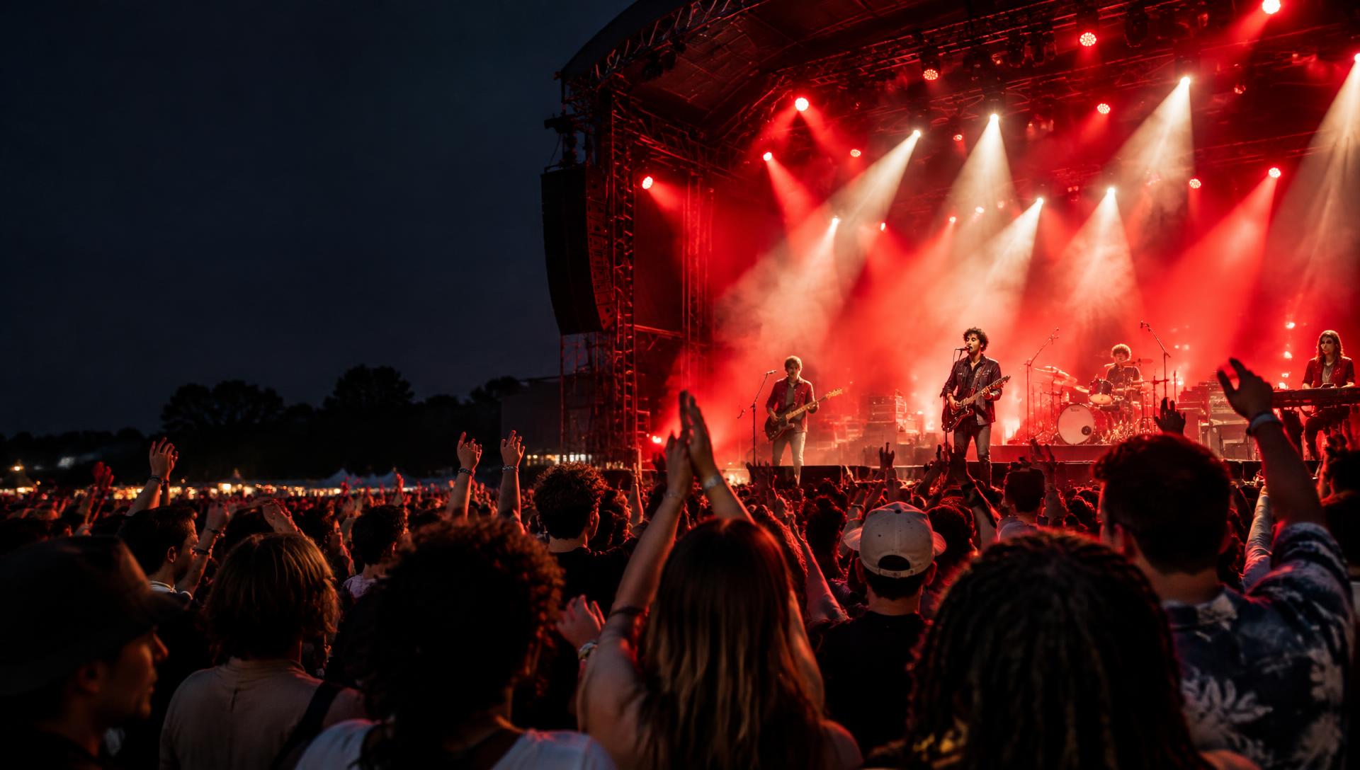 A crowd enjoying a live concert under red stage lights